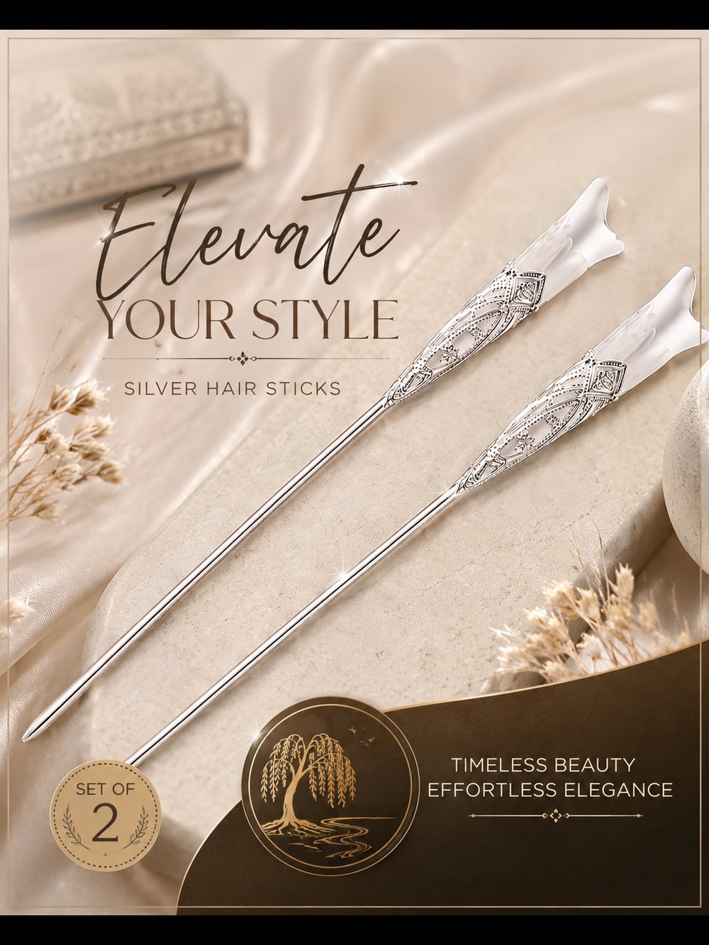 Silver Hair Sticks Set of 2